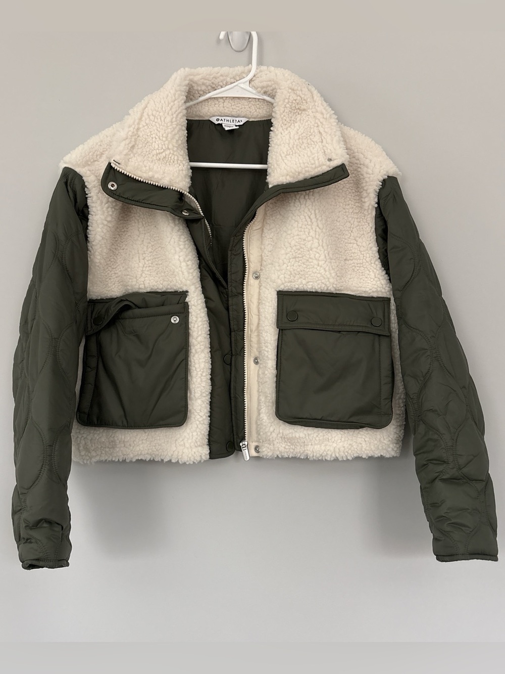 Athleta Cream Sherpa Jacket with Olive Green Quilted Sleeves